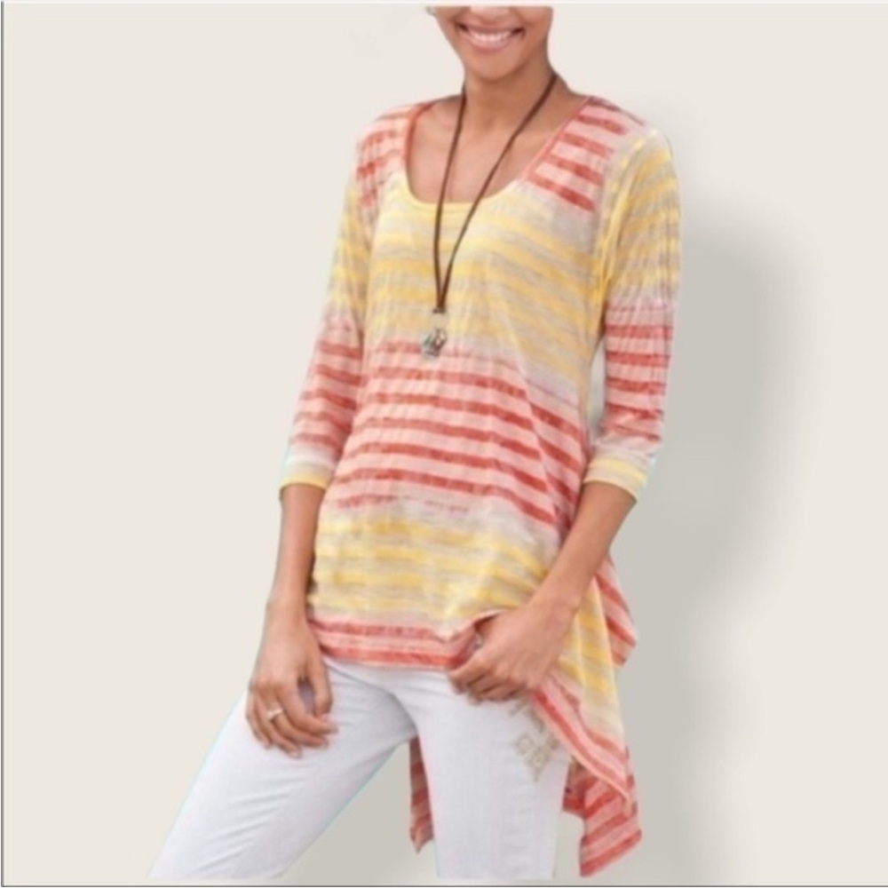 Sundance Yellow Orange Tan Asymmetrical Mystic Stripe Burnout Shirt Sz M